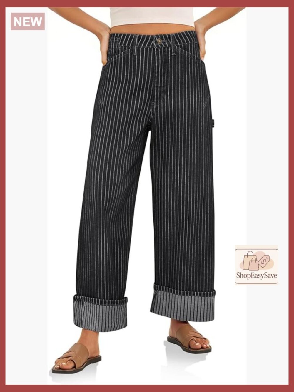 Striped Wide Leg Jeans Baggy Boyfriend High Waisted Cuffed Denim Pants with
